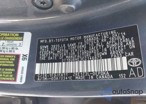 2014 Toyota Corolla L from USA, damaged, VIN 2T1BURHE3EC146875
